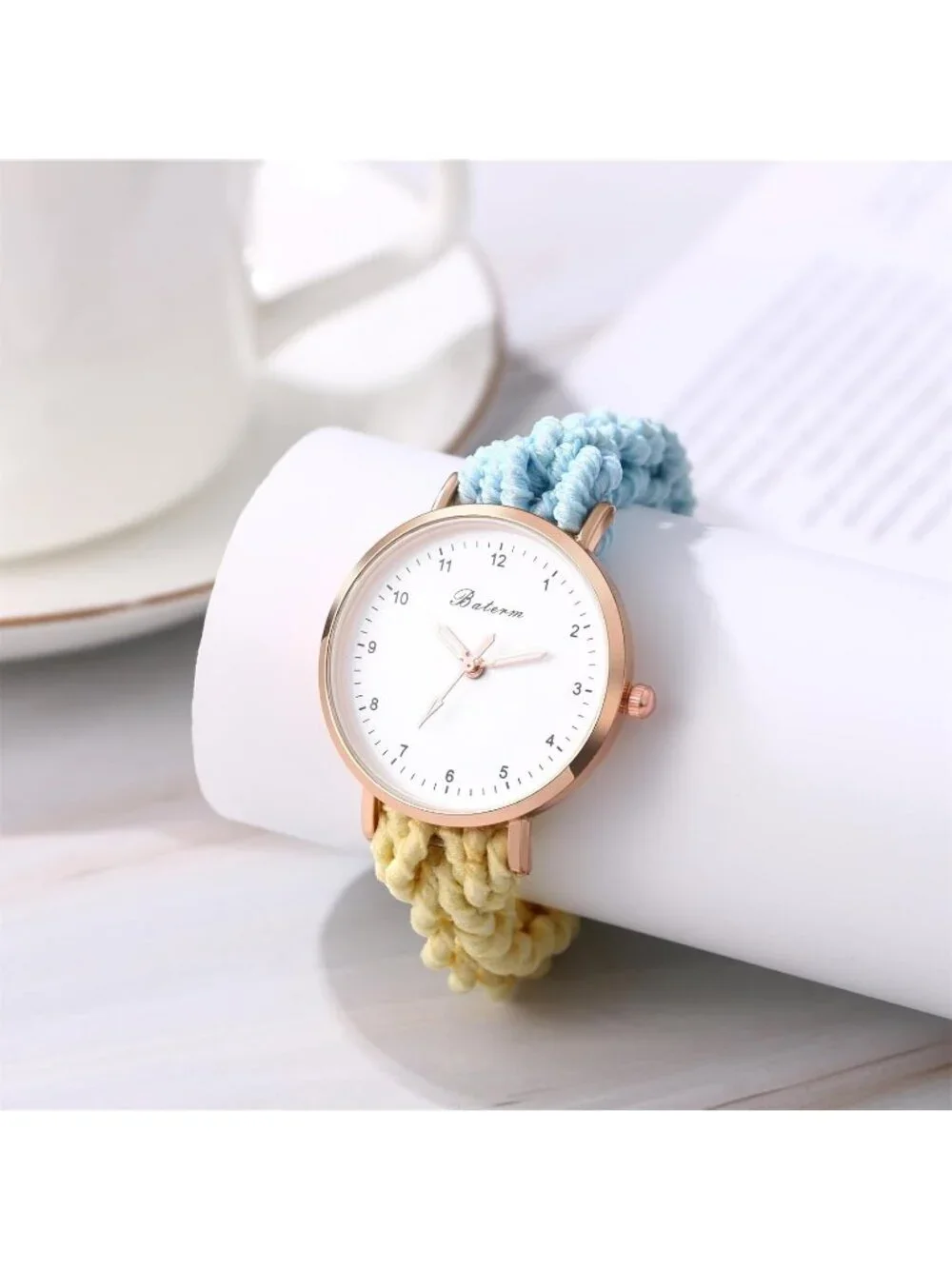 Women's Blue Yellow Analog Stretch Band Elastic Colorful Weave Rope Wrist Watch
